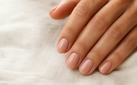 Schlichte elegante Gelnägel in glänzendem Nude-Ton, kurze ovale Nagelform