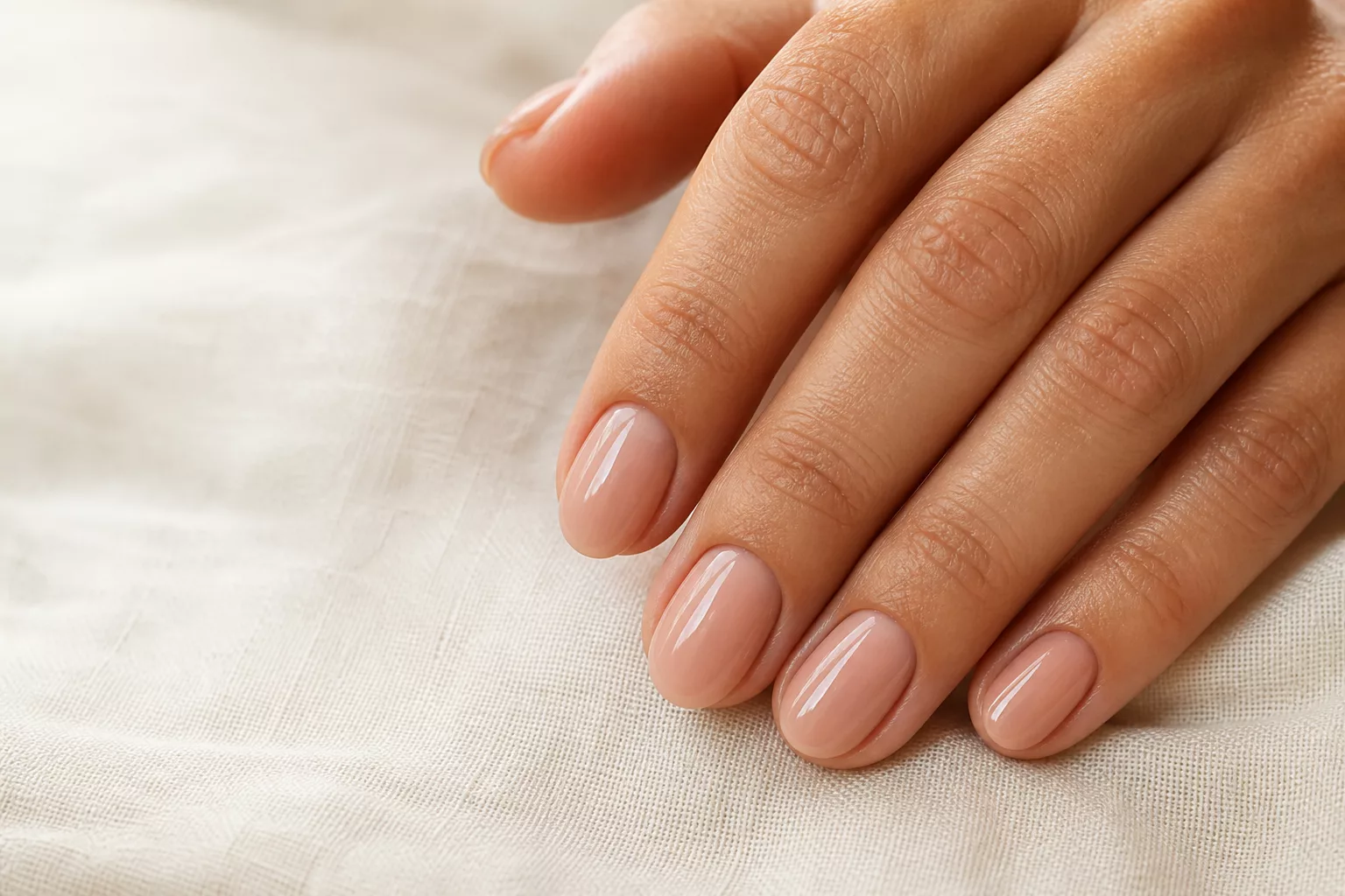 Schlichte elegante Gelnägel in glänzendem Nude-Ton, kurze ovale Nagelform