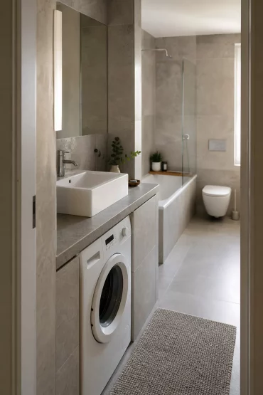 Schmales Badezimmer mit Waschmaschine unter Steinfliesen-Waschtisch