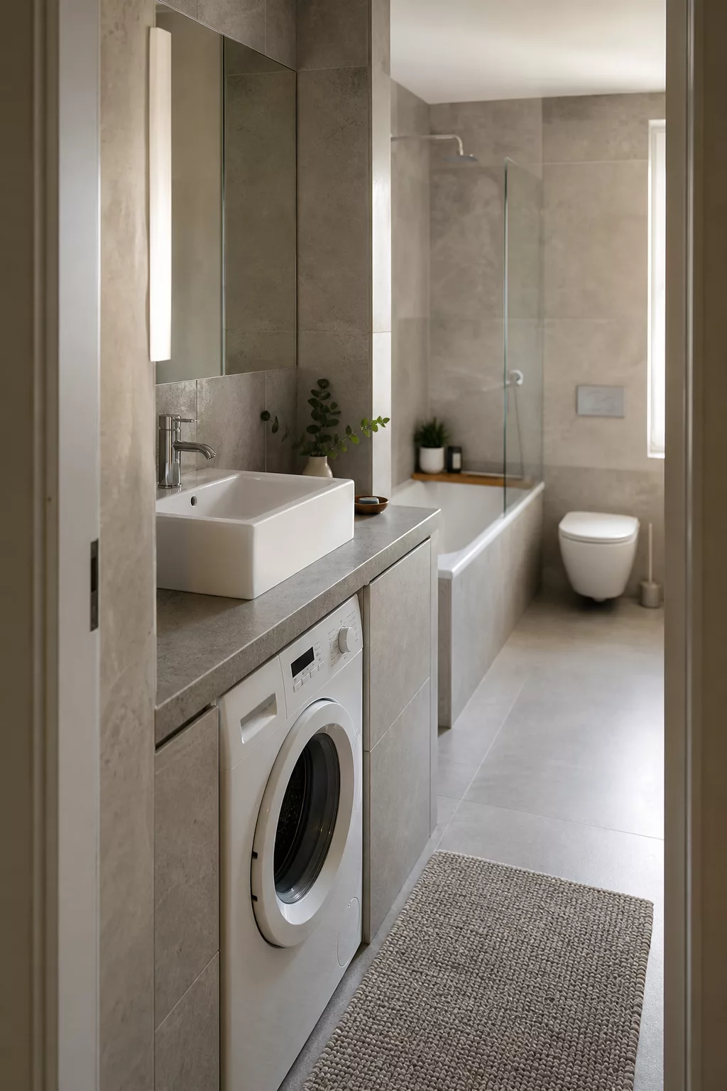 Schmales Badezimmer mit Waschmaschine unter Steinfliesen-Waschtisch