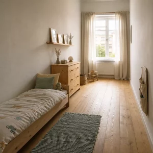 Schlauchförmiges Kinderzimmer mit Möbeln entlang der langen Wand