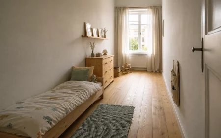 Schlauchförmiges Kinderzimmer mit Möbeln entlang der langen Wand
