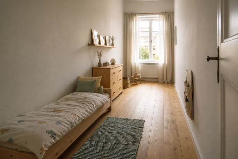 Schlauchförmiges Kinderzimmer mit Möbeln entlang der langen Wand