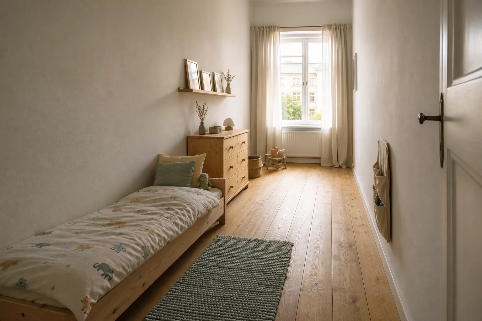 Schlauchförmiges Kinderzimmer mit Möbeln entlang der langen Wand