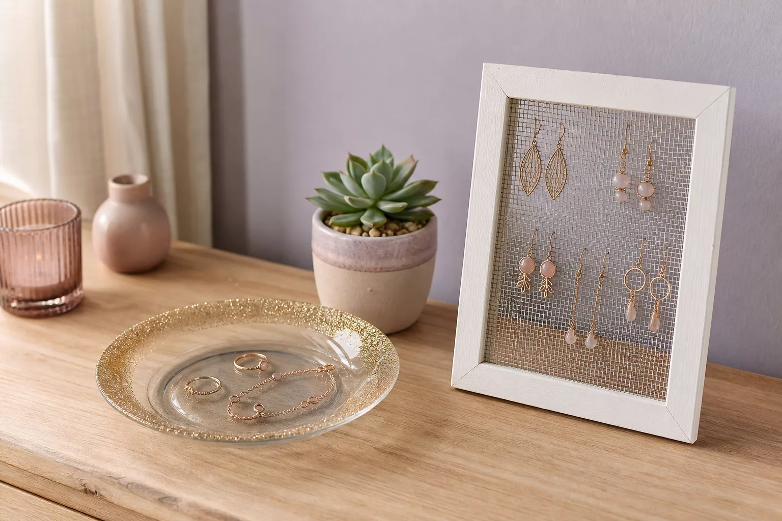 Selbstgemachte Schmuckaufbewahrung mit Glitzerschale und Ohrringhalter