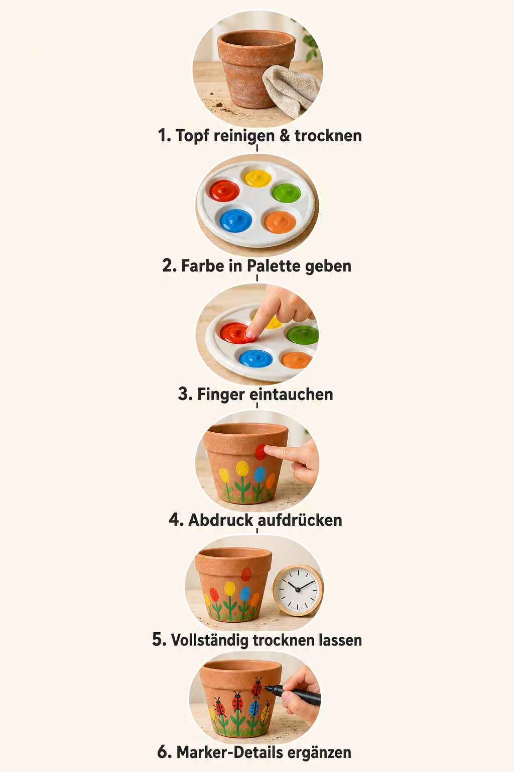 Schritt-für-Schritt: Blumentopf mit Fingerabdrücken bemalen für Kinder