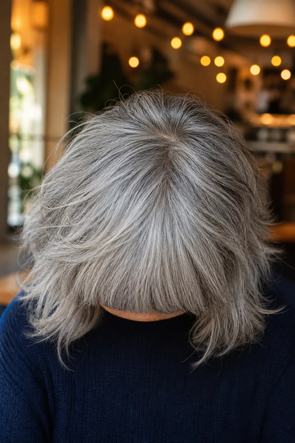Shag Cut mit stumpfem Pony und viel Volumen, Silbergrau
