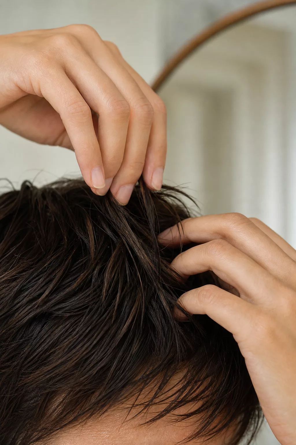 Hände stylen die Stufen des Shixie Cuts