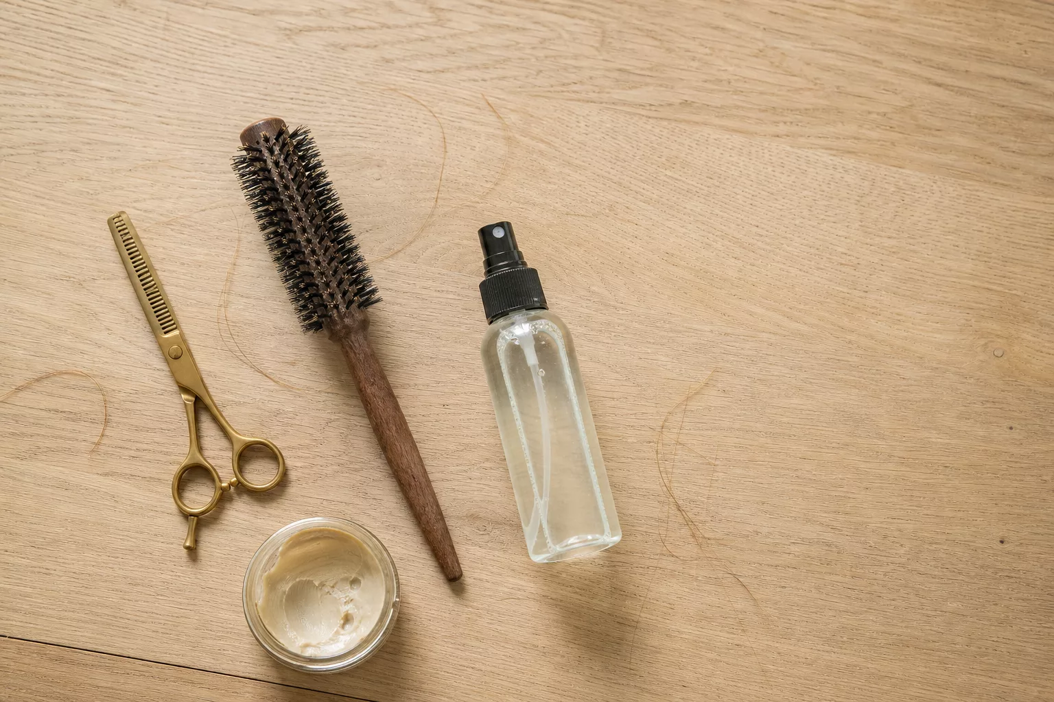Styling-Werkzeuge für den Shixie Cut im Flatlay