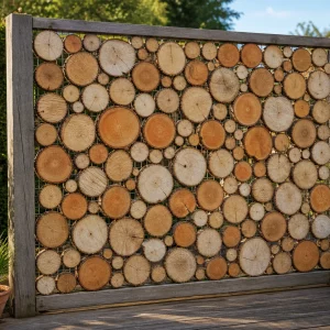 Sichtschutz aus Baumscheiben und Drahtgitter auf sonniger Gartenterrasse