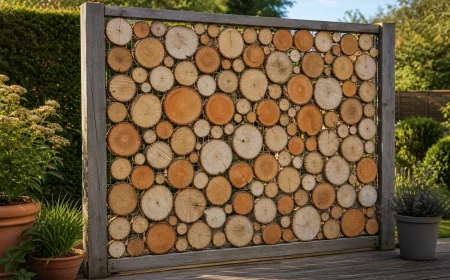 Sichtschutz aus Baumscheiben und Drahtgitter auf sonniger Gartenterrasse