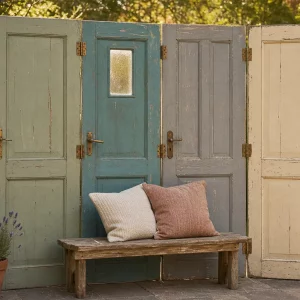 Bunt gestrichene alte Türen als Sichtschutz für Garten und Terrasse