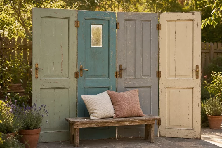 Bunt gestrichene alte Türen als Sichtschutz für Garten und Terrasse