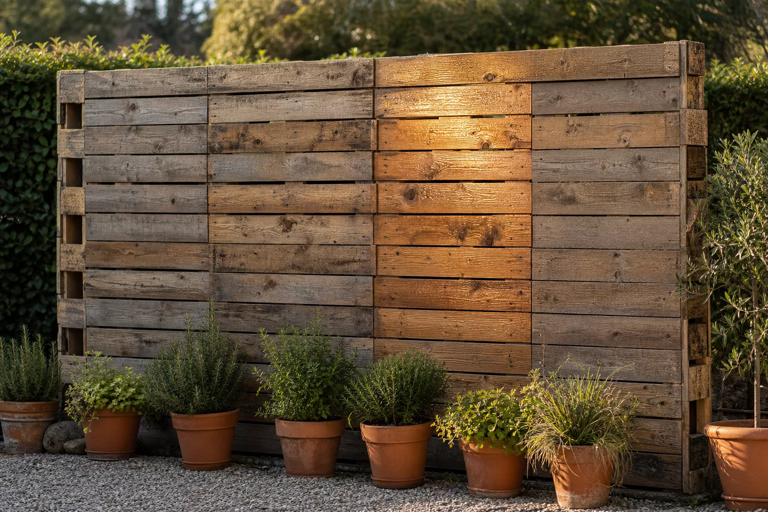 Sichtschutzwand aus recyceltem Palettenholz für Garten und Terrasse