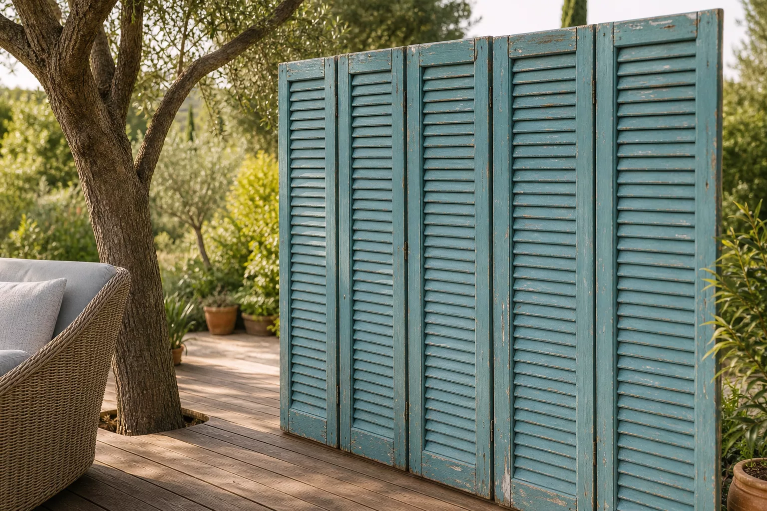Schmaler Sichtschutz aus alten blau gestrichenen Fensterläden auf der Terrasse