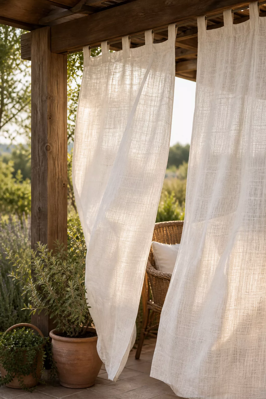 Sichtschutz aus Gardinen an Pergola-Pfosten auf der Terrasse