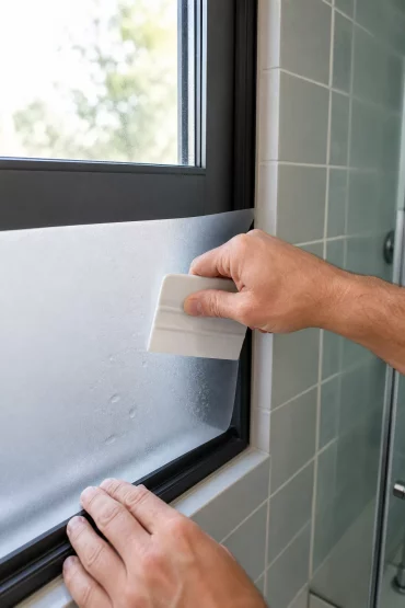 Sichtschutzfolie wird auf Fenster in der Dusche angebracht