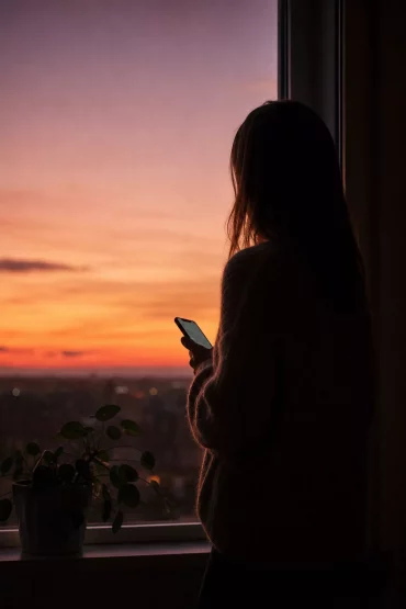 Silhouette einer Person mit Smartphone vor einem Fenster in der Abenddämmerung