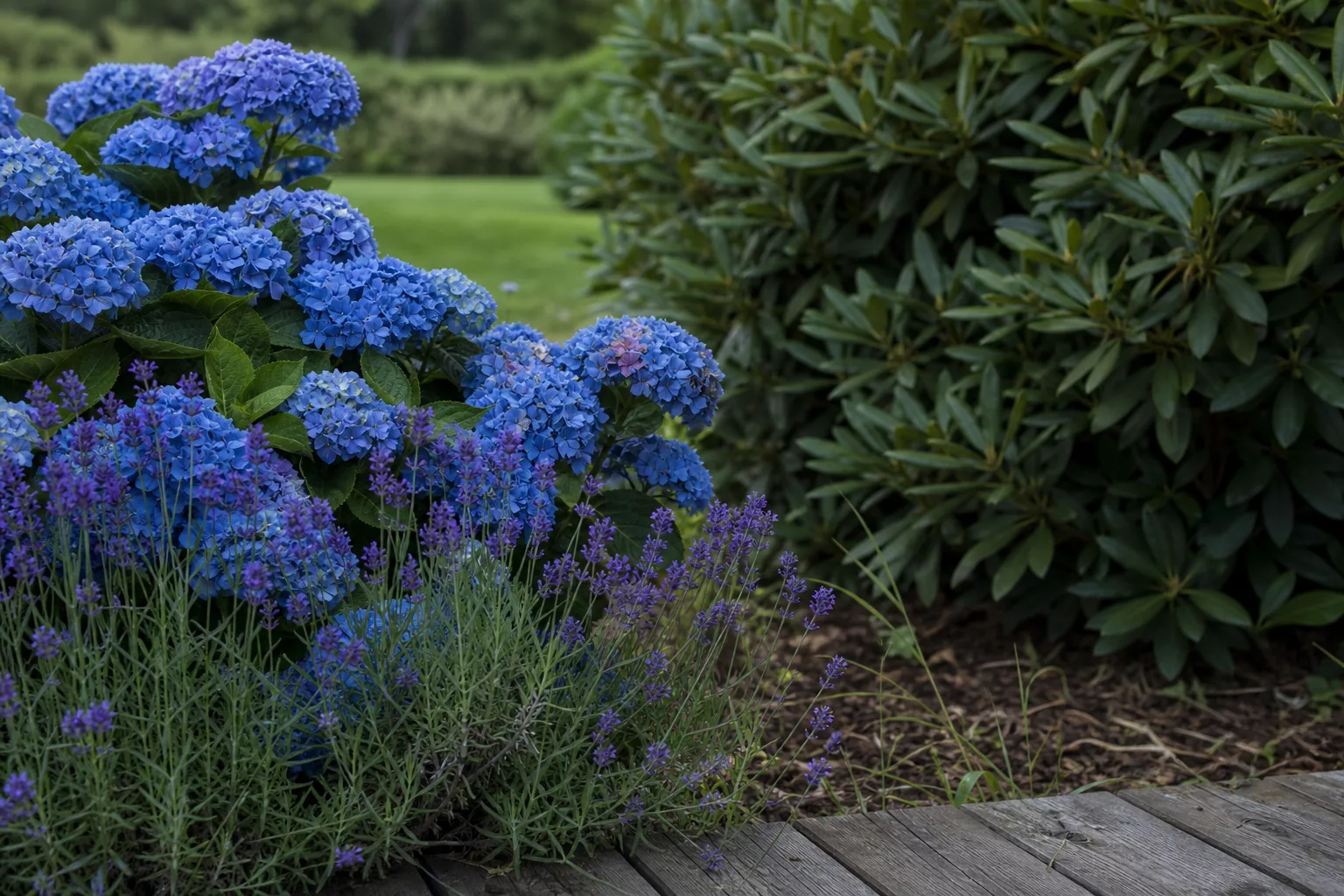 Blaue Bauernhortensien und Lavendel neben einer gemütlichen Sitzecke