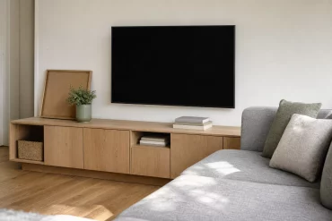 Ecksofa vor TV-Wand mit cleverem Stauraum