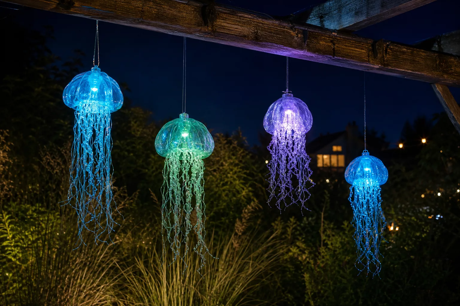 Mehrere Quallen-Laternen in verschiedenen Größen als Solar-Schwarm im Garten