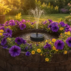 Solar-Springbrunnen im Holzkübel mit Blütenkranz auf sonniger Terrasse