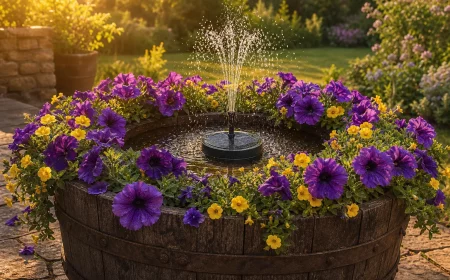 Solar-Springbrunnen im Holzkübel mit Blütenkranz auf sonniger Terrasse