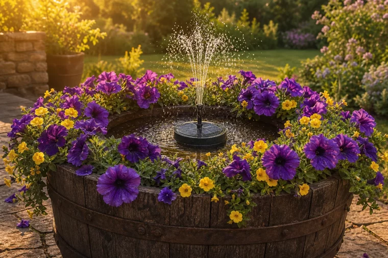 Solar-Springbrunnen im Holzkübel mit Blütenkranz auf sonniger Terrasse