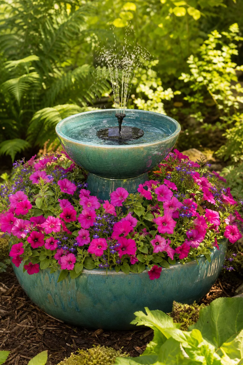 Bunter Blütenkranz aus Petunien rings um einen Solar-Springbrunnen
