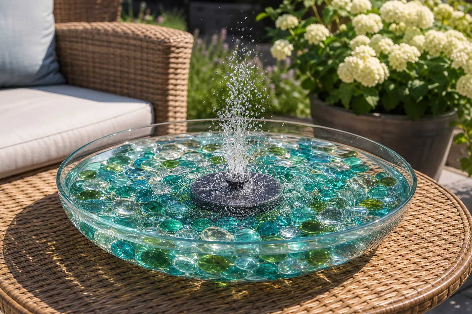 Flache Glasschale mit türkisen Glassteinen und sprudelndem Wasserstrahl