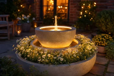 Beleuchteter Solarbrunnen mit warmer Lichterkette in der Abenddämmerung
