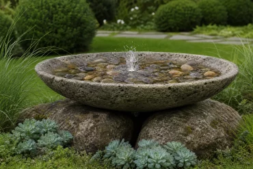 Steinschale mit Kieseln als Vogeltränken-Solarbrunnen im Rasen