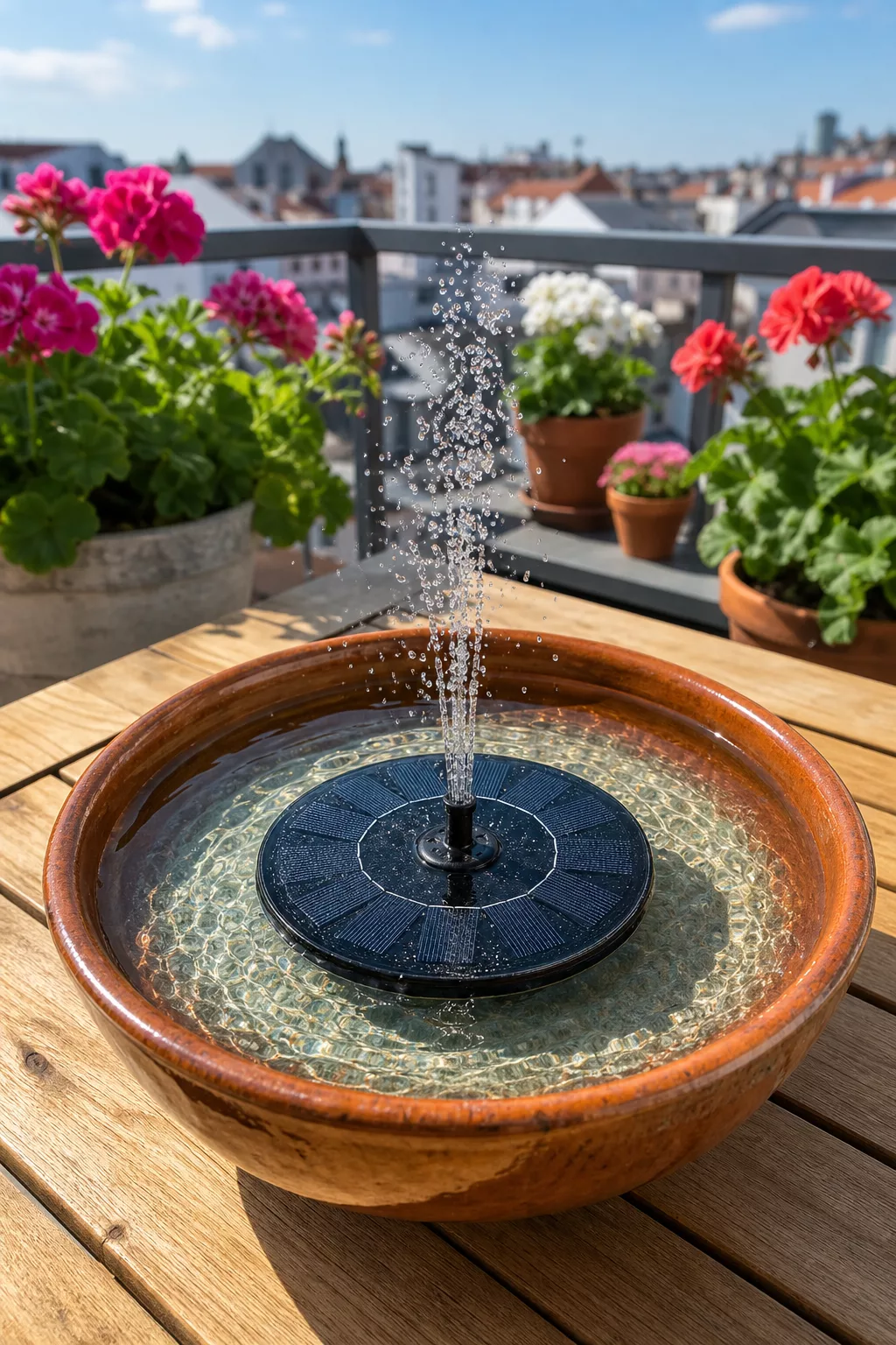 Solarpanel-Pumpe in kleiner Wasserschale auf sonnigem Balkontisch