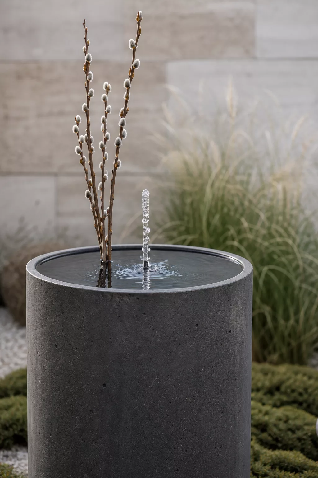 Minimalistischer Wasserkübel mit dekorativen Weidenkätzchenzweigen im Garten