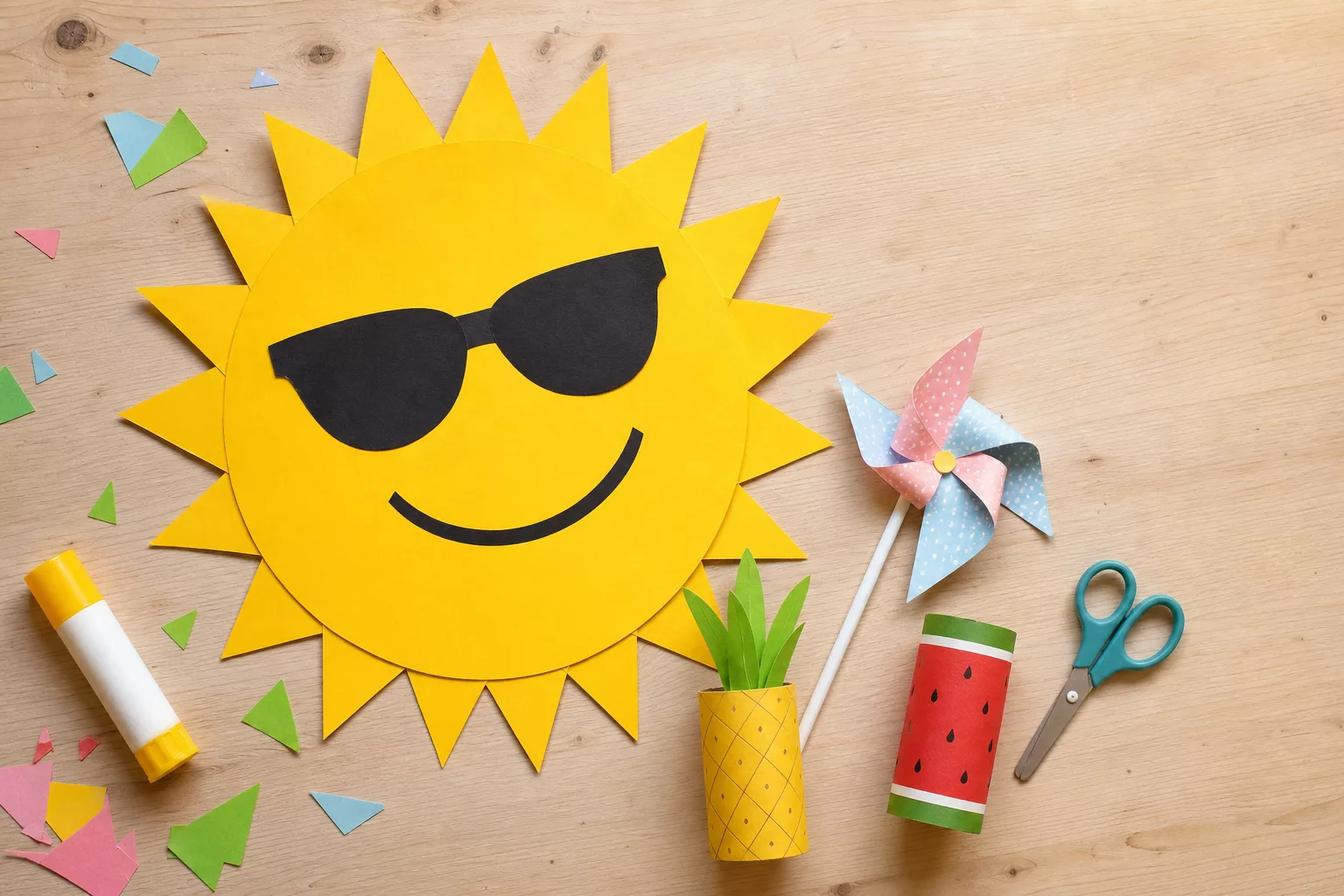 Basteln mit Kindern im Sommer: Sonne, Windrad und Früchte aus Klorollen