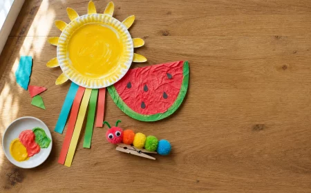 Bunte Sommer-Bastelideen für 2-jährige Kinder auf Holztisch drapiert