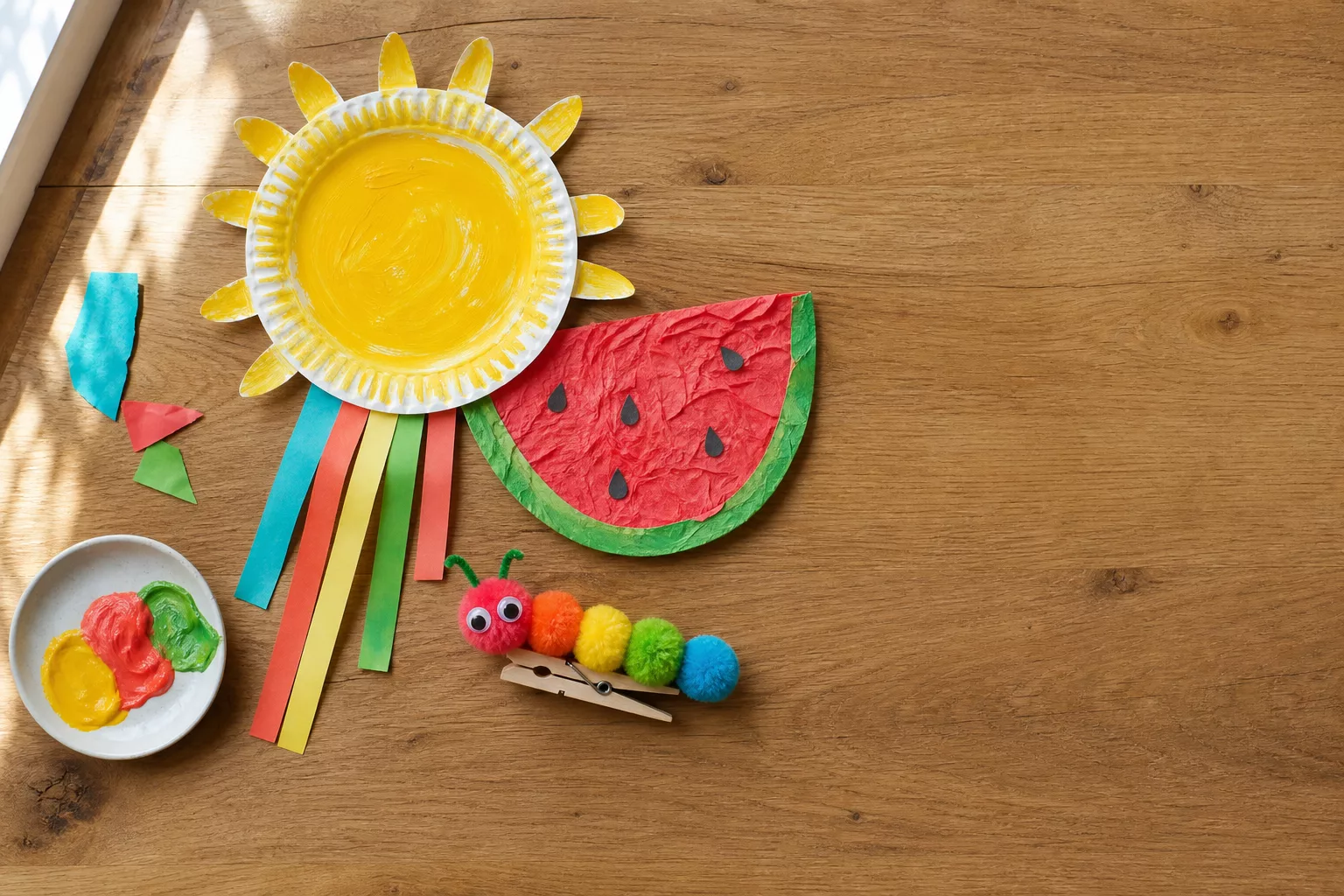 Bunte Sommer-Bastelideen für 2-jährige Kinder auf Holztisch drapiert