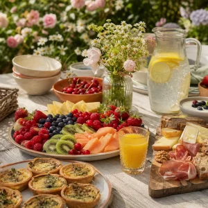 Sommerbrunch Ideen: reich gedeckter Gartentisch mit bunten Buffet-Platten