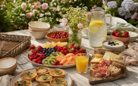 Sommerbrunch Ideen: reich gedeckter Gartentisch mit bunten Buffet-Platten