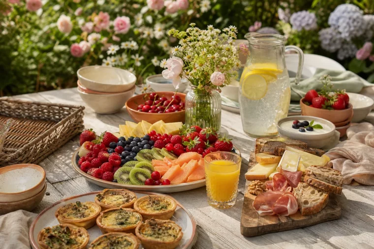Sommerbrunch Ideen: reich gedeckter Gartentisch mit bunten Buffet-Platten