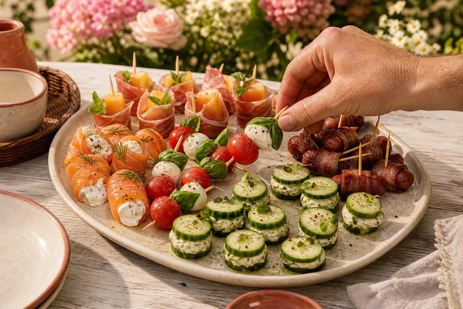 Fingerfood-Platte mit Lachs-Röllchen und Caprese-Spießen für den Sommerbrunch