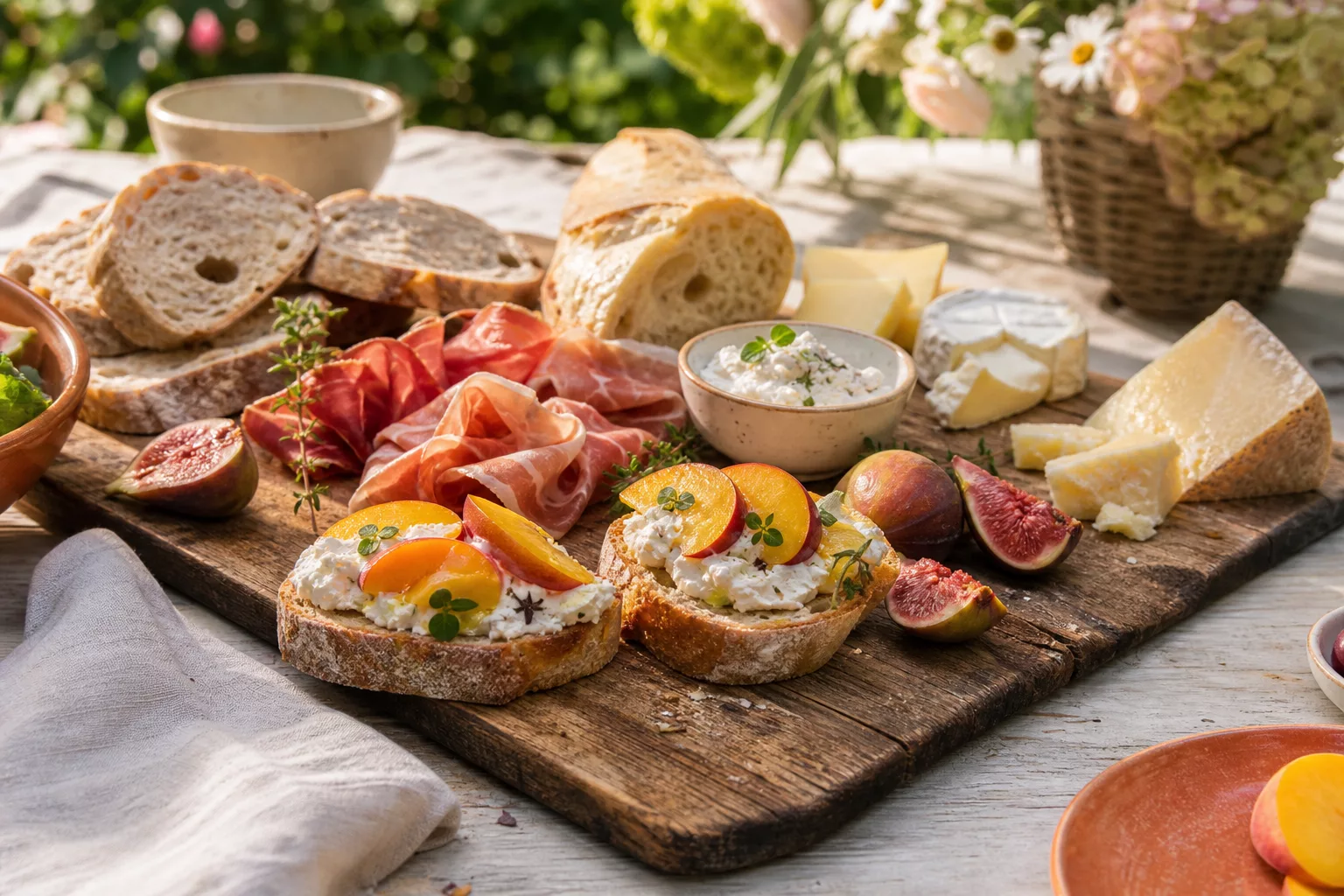 Herzhafte Brot- und Käseplatte mit Schinken für den Sommerbrunch