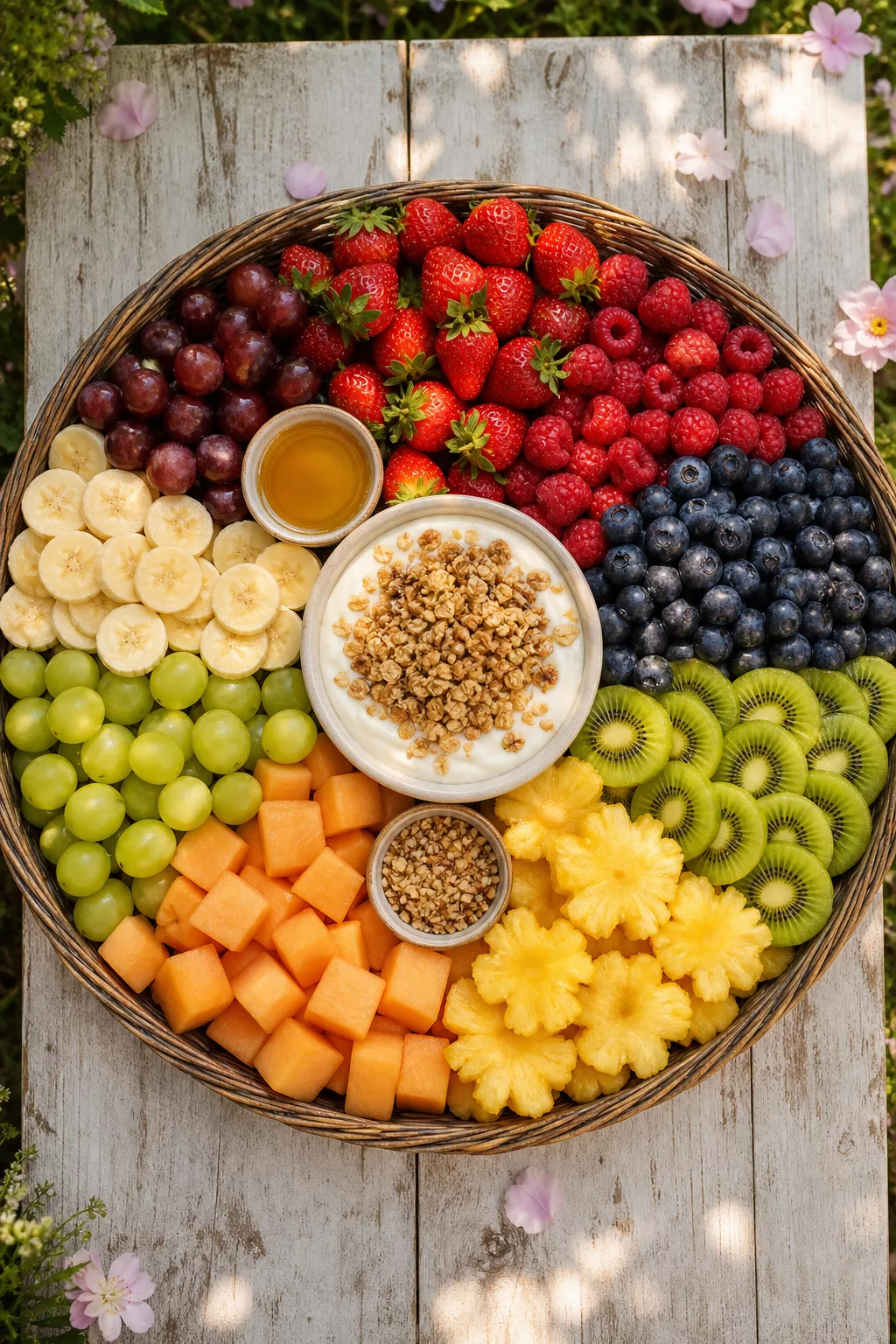 Bunte Obstplatte mit Beeren, Kiwi und Melone für Sommerbrunch Ideen