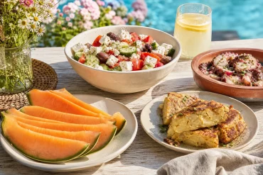 Leichte mediterrane Sommergerichte mit Tomaten-Feta-Salat und Melone
