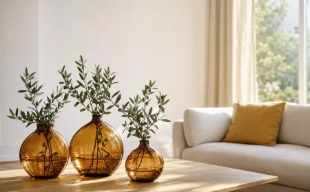Sommerliches Wohnzimmer mit Bernsteinglas-Vasen als Sommer-Interior-Trend 2026