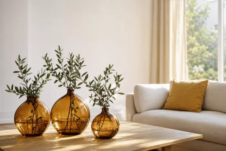 Sommerliches Wohnzimmer mit Bernsteinglas-Vasen als Sommer-Interior-Trend 2026