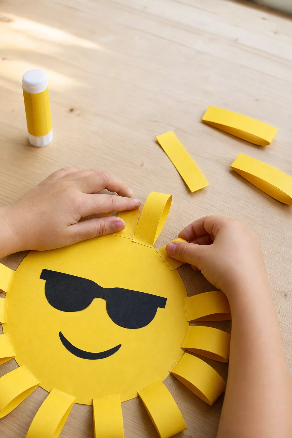 Kinderhände kleben Papierstrahlen an eine Sonne aus Tonpapier