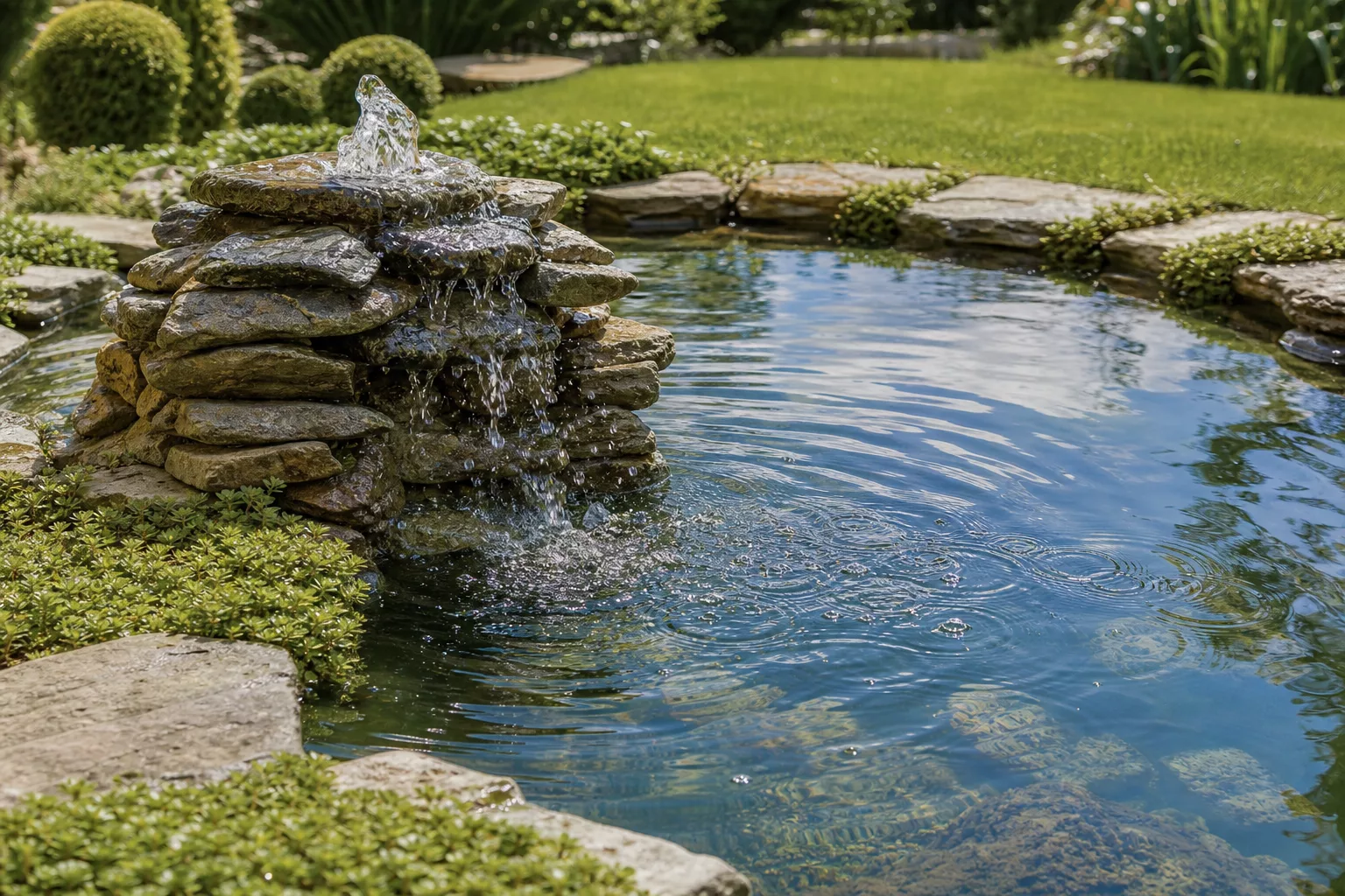 Springbrunnen im Gartenteich vertreibt Frösche vom ruhigen Wasser