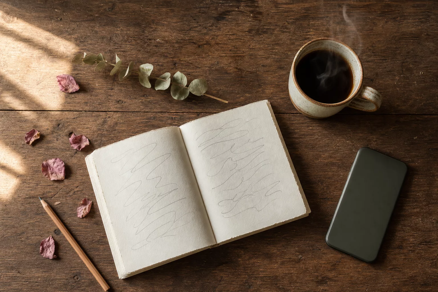 Notizbuch mit handgeschriebenen Sprüchen neben Kaffeetasse und Smartphone