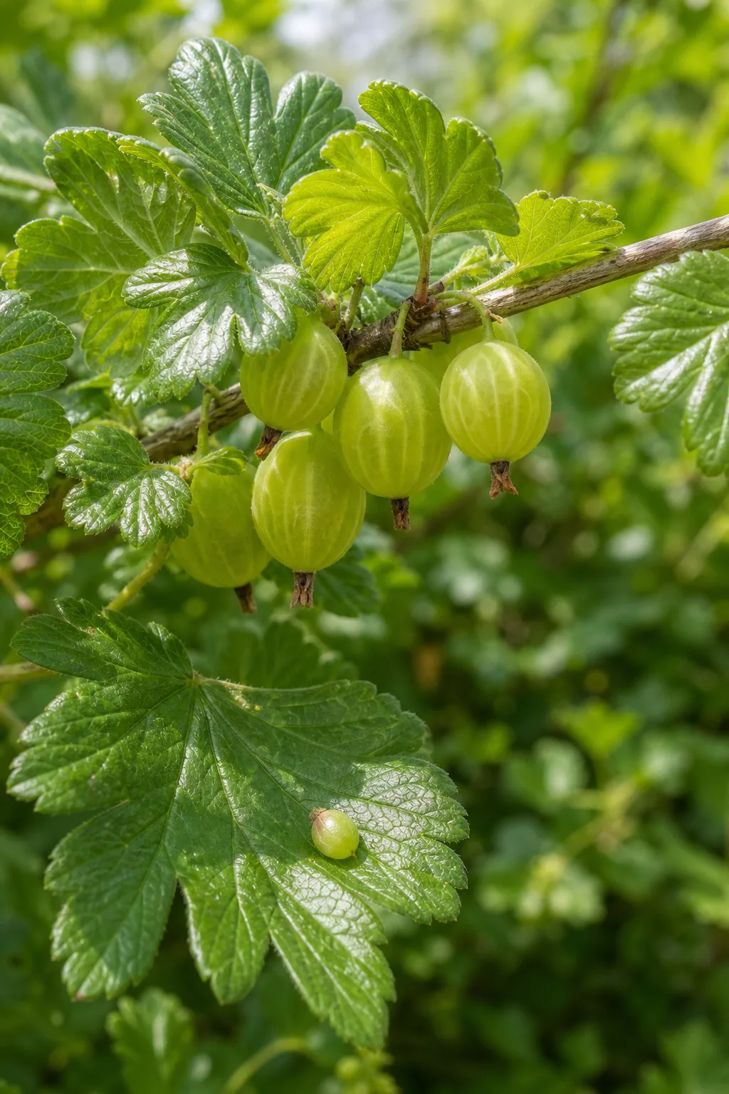 Junge grüne Stachelbeeren an der Traubenspitze eines Astes